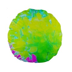 Fluorescent Yellow And Pink Abstract Garden Foliage Standard 15  Premium Round Cushions by myrubiogarden