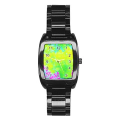 Fluorescent Yellow And Pink Abstract Garden Foliage Stainless Steel Barrel Watch by myrubiogarden