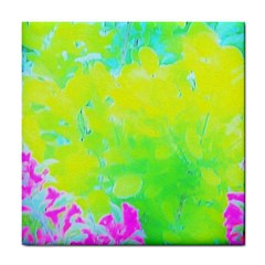 Fluorescent Yellow And Pink Abstract Garden Foliage Tile Coasters by myrubiogarden