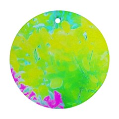 Fluorescent Yellow And Pink Abstract Garden Foliage Ornament (round) by myrubiogarden