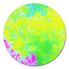 Fluorescent Yellow And Pink Abstract Garden Foliage Magnet 5  (round) by myrubiogarden