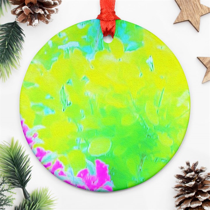 Fluorescent Yellow And Pink Abstract Garden Foliage Round Ornament (Two Sides)