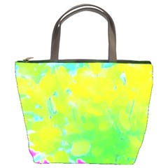 Fluorescent Yellow And Pink Abstract Garden Foliage Bucket Bag by myrubiogarden