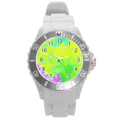 Fluorescent Yellow And Pink Abstract Garden Foliage Round Plastic Sport Watch (l) by myrubiogarden