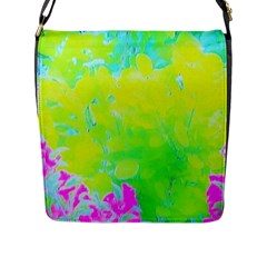 Fluorescent Yellow And Pink Abstract Garden Foliage Flap Closure Messenger Bag (l) by myrubiogarden