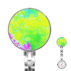 Fluorescent Yellow And Pink Abstract Garden Foliage Stainless Steel Nurses Watch by myrubiogarden