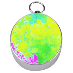 Fluorescent Yellow And Pink Abstract Garden Foliage Silver Compasses by myrubiogarden