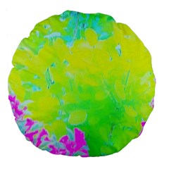 Fluorescent Yellow And Pink Abstract Garden Foliage Large 18  Premium Flano Round Cushions by myrubiogarden