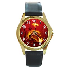 Wonderful Fairy Of The Fire With Fire Birds Round Gold Metal Watch by FantasyWorld7