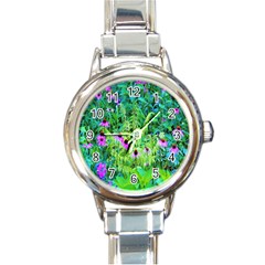 Purple Coneflower Garden With Tiger Eye Tree Round Italian Charm Watch by myrubiogarden