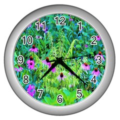 Purple Coneflower Garden With Tiger Eye Tree Wall Clock (silver) by myrubiogarden