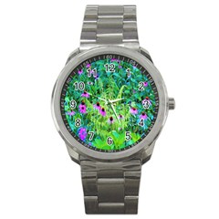 Purple Coneflower Garden With Tiger Eye Tree Sport Metal Watch by myrubiogarden