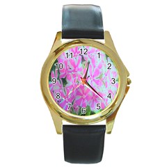 Hot Pink And White Peppermint Twist Garden Phlox Round Gold Metal Watch