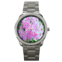 Hot Pink And White Peppermint Twist Garden Phlox Sport Metal Watch