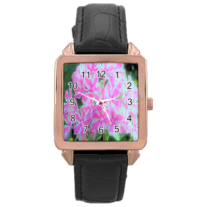 Hot Pink And White Peppermint Twist Garden Phlox Rose Gold Leather Watch 