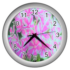 Hot Pink And White Peppermint Twist Garden Phlox Wall Clock (silver) by myrubiogarden