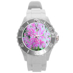 Hot Pink And White Peppermint Twist Garden Phlox Round Plastic Sport Watch (l) by myrubiogarden