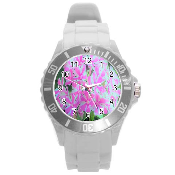 Hot Pink And White Peppermint Twist Garden Phlox Round Plastic Sport Watch (L)