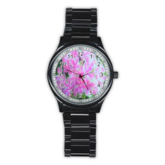 Hot Pink And White Peppermint Twist Garden Phlox Stainless Steel Round Watch by myrubiogarden