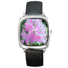 Hot Pink And White Peppermint Twist Garden Phlox Square Metal Watch by myrubiogarden