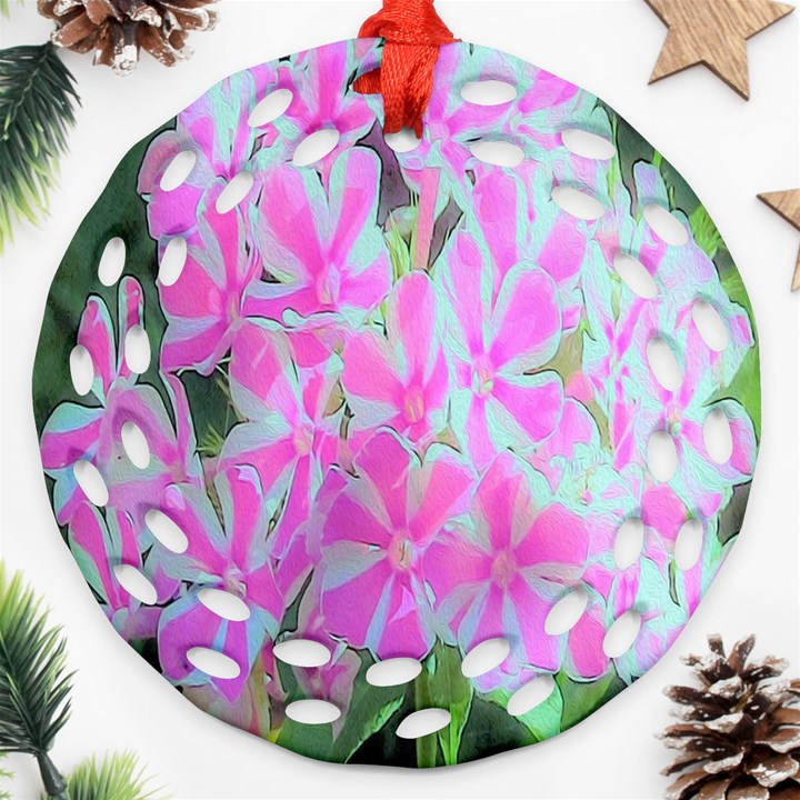 Hot Pink And White Peppermint Twist Garden Phlox Ornament (Round Filigree)