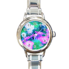 Pink, Green, Blue And White Garden Phlox Flowers Round Italian Charm Watch by myrubiogarden