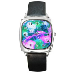 Pink, Green, Blue And White Garden Phlox Flowers Square Metal Watch by myrubiogarden