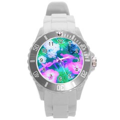 Pink, Green, Blue And White Garden Phlox Flowers Round Plastic Sport Watch (l) by myrubiogarden