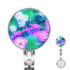 Pink, Green, Blue And White Garden Phlox Flowers Stainless Steel Nurses Watch by myrubiogarden