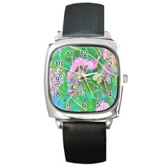 Invincibelle Spirit Hot Pink Hydrangeas On Aqua Green Square Metal Watch by myrubiogarden