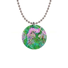 Invincibelle Spirit Hot Pink Hydrangeas On Aqua Green 1  Button Necklace by myrubiogarden