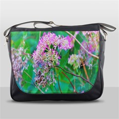 Invincibelle Spirit Hot Pink Hydrangeas On Aqua Green Messenger Bag by myrubiogarden