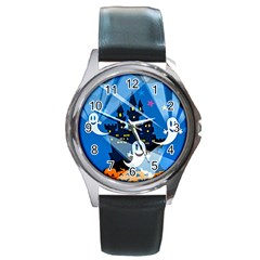 Halloween Ghosts Haunted House Round Metal Watch by Wegoenart