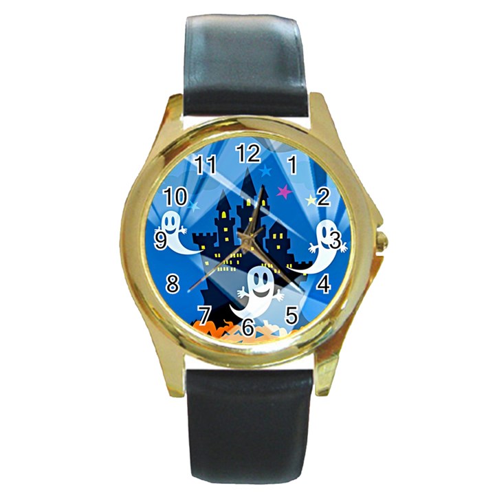 Halloween Ghosts Haunted House Round Gold Metal Watch