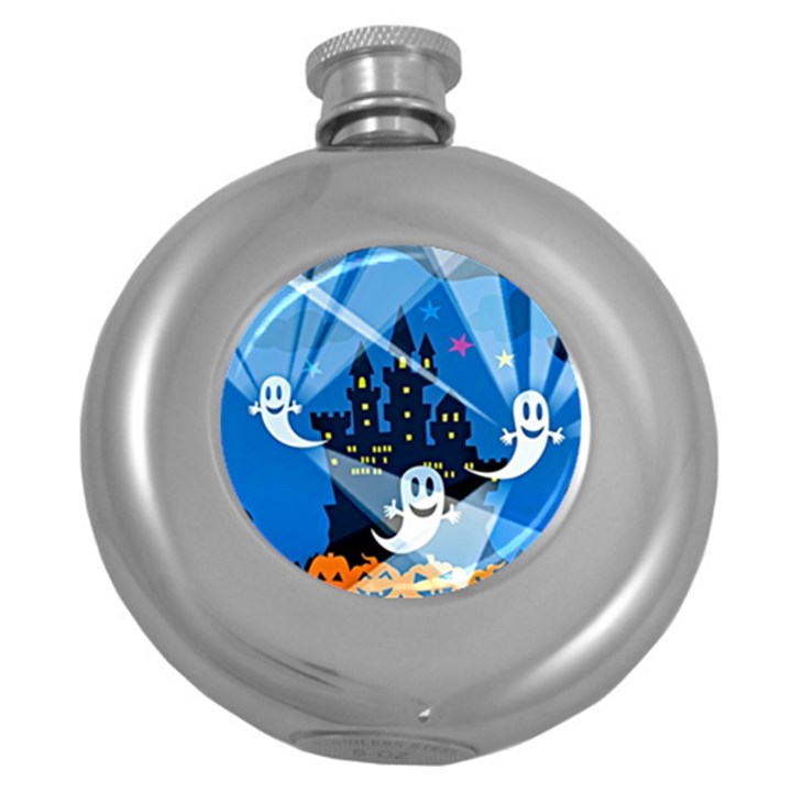 Halloween Ghosts Haunted House Round Hip Flask (5 oz)