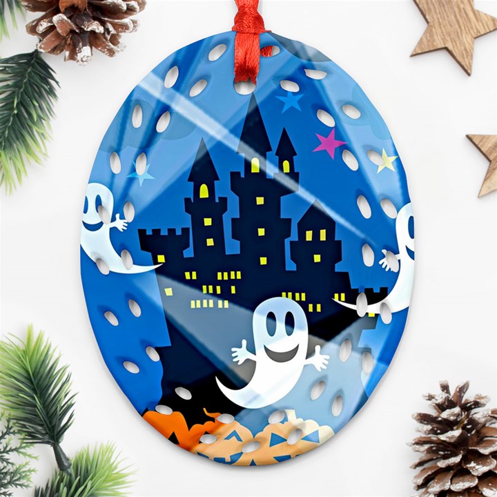 Halloween Ghosts Haunted House Ornament (Oval Filigree)