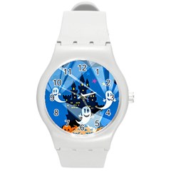 Halloween Ghosts Haunted House Round Plastic Sport Watch (m) by Wegoenart