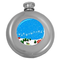 Elf On A Shelf In Sled Snowflakes Round Hip Flask (5 Oz) by Wegoenart