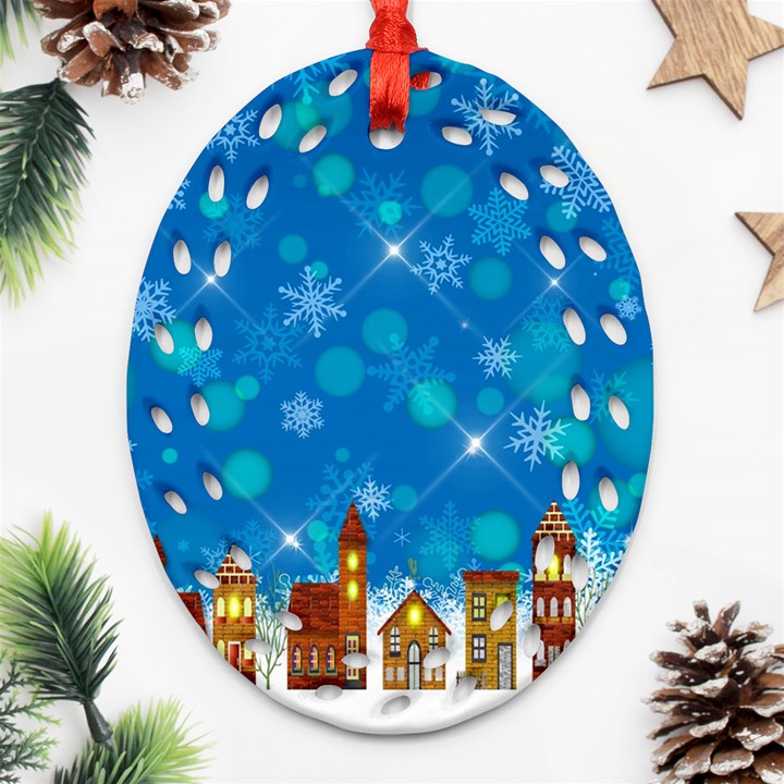 Winter Village Snow Brick Buildings Ornament (Oval Filigree)