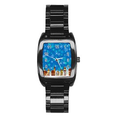 Winter Village Snow Brick Buildings Stainless Steel Barrel Watch