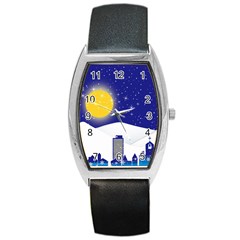 Night Christmas Background Moon Snow Barrel Style Metal Watch by Wegoenart