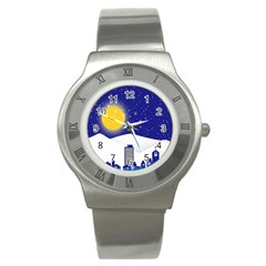 Night Christmas Background Moon Snow Stainless Steel Watch by Wegoenart