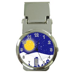 Night Christmas Background Moon Snow Money Clip Watches by Wegoenart