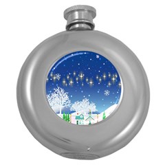 Snowflakes Snowy Landscape Reindeer Round Hip Flask (5 Oz) by Wegoenart