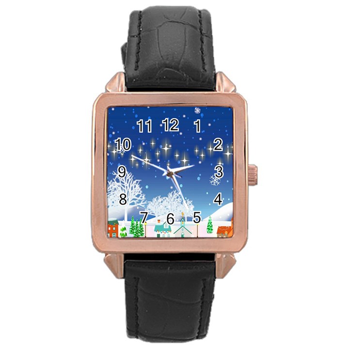 Snowflakes Snowy Landscape Reindeer Rose Gold Leather Watch 