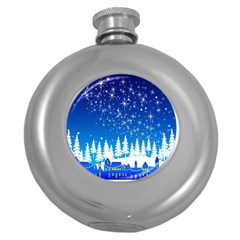 Snowflakes Snowy Landscape Reindeer Round Hip Flask (5 Oz) by Wegoenart