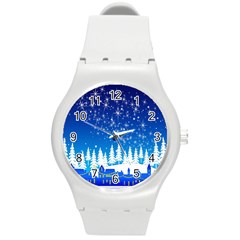 Snowflakes Snowy Landscape Reindeer Round Plastic Sport Watch (m) by Wegoenart