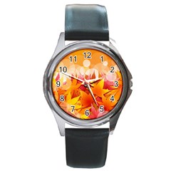 Autumn Background Maple Leaves Bokeh Round Metal Watch by Wegoenart