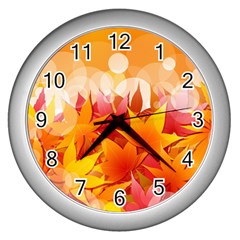 Autumn Background Maple Leaves Bokeh Wall Clock (silver) by Wegoenart