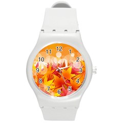 Autumn Background Maple Leaves Bokeh Round Plastic Sport Watch (m) by Wegoenart